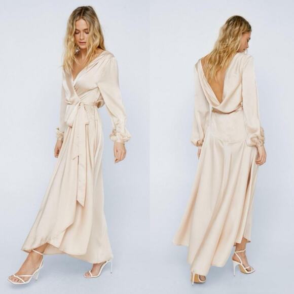 Nasty Gal Dresses & Skirts - NEW NASTY GAL Cream Ivory Satin Cowl Plunge Long Sleeve Bridal Maxi Dress Gown 8